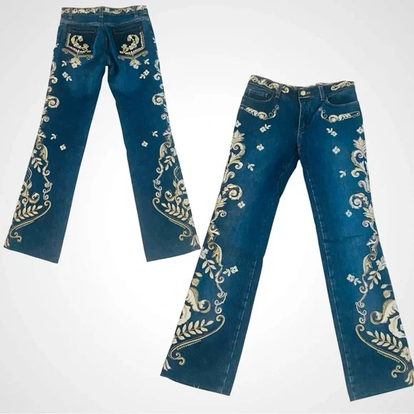 Y2K Roberto Cavalli RARE Metallic Embroidered Floral Print Vintage Denim Jeans